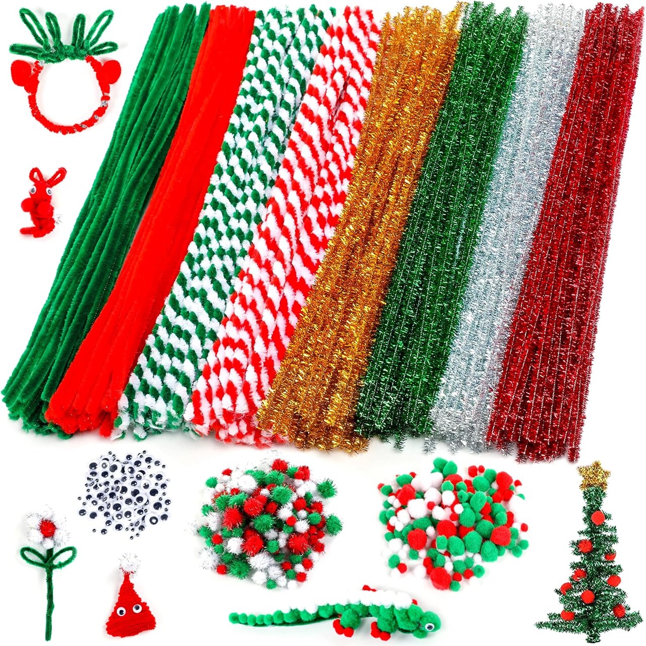 Christmas Pipe Cleaners,700 Pcs Pipe Cleaners Craft Set Including 200 Pcs Pipe Cleaners,400 Pcs Pom Poms Balls,100Pcs Wiggle Googly Eyes Self Adhesive Suitable for Home&School DIY Art Crafts